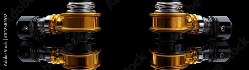 Pair of gold and black automotive parts reflecting on a black surface.