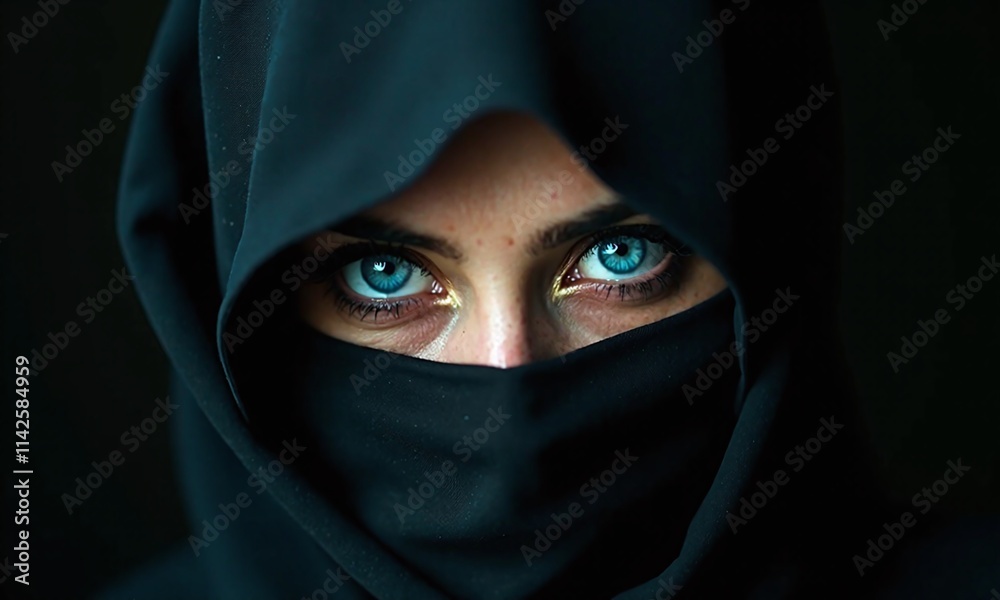 Striking blue eyes black niqab dramatic lighting intense Striking blue eyes black niqab dramatic lighting intense