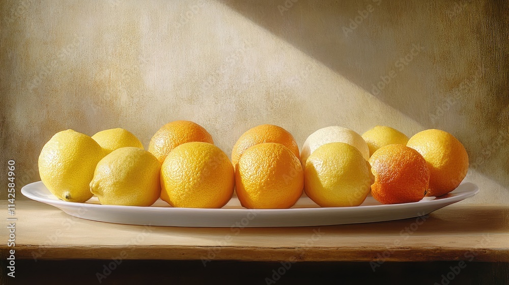 Oranges and lemons arranged with care on a white plate, sunlight highlighting their vibrant hues and textured peels. Oranges and lemons arranged with care on a white plate, sunlight highlighting their vibrant hues and textured peels.