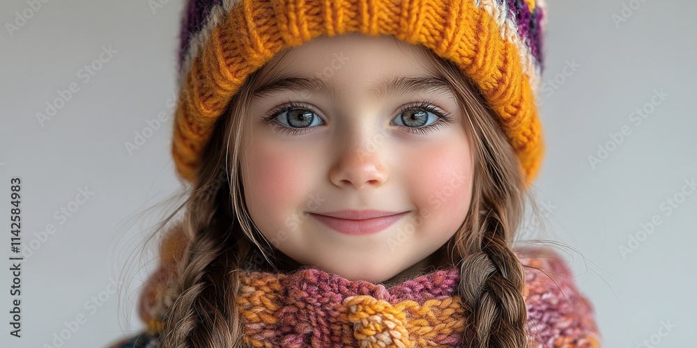 Young girl with blue eyes wearing a colorful knit hat and scarf smiles warmly during winter in a cozy indoor setting Young girl with blue eyes wearing a colorful knit hat and scarf smiles warmly during winter in a cozy indoor setting