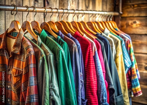 Wallpaper Mural Fashion Apparel Hanging Closeup, Wooden Hangers, Clothing Rack, Style Display, Garment Photography Torontodigital.ca