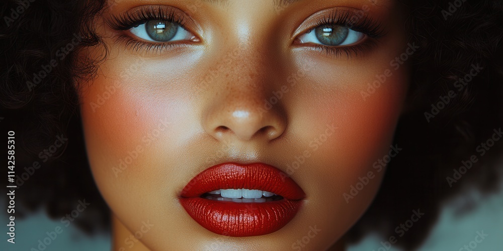 Woman with curly hair showcasing captivating features and bold red lips while looking directly at the camera in a softly lit studio setting Woman with curly hair showcasing captivating features and bold red lips while looking directly at the camera in a softly lit studio setting