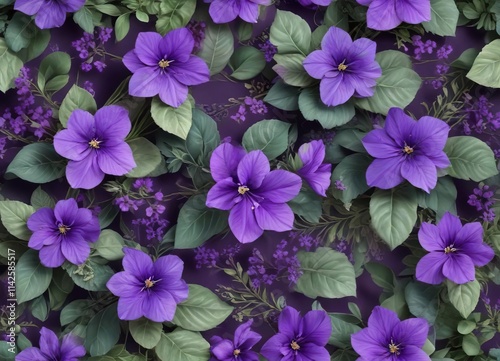 Seamless pattern of violet flowers and leaves, decorative, garden, background