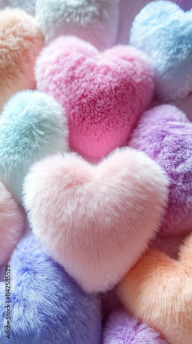 Soft heart-shaped plush cushions in various pastel colors create a cozy and inviting atmosphere for a decorative setting