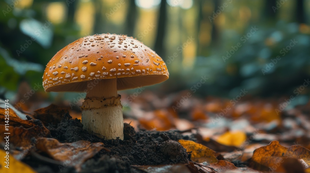 Vibrant Amber Mushroom Growing Among Autumn Leaves in Forest Setting Vibrant Amber Mushroom Growing Among Autumn Leaves in Forest Setting