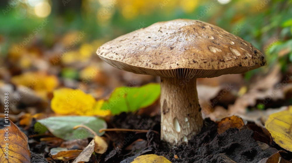 Detailed Close-Up of a Mushroom in Vibrant Autumn Forest Setting Detailed Close-Up of a Mushroom in Vibrant Autumn Forest Setting