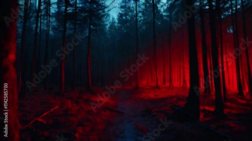 horror forest scene, red light in scary night landscape, 4k High-Quality Wallpaper Background Animation Video