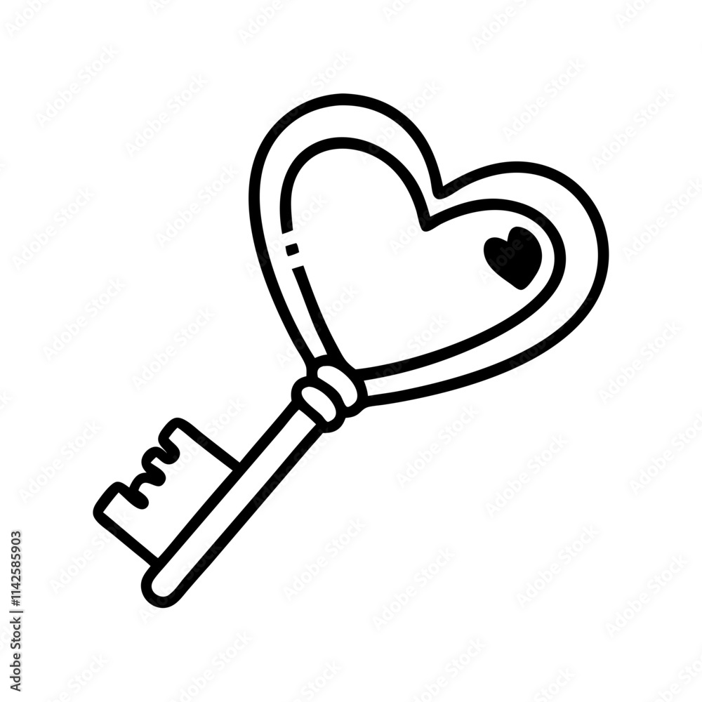 Heart-shaped key featuring a small heart detail symbolizing love and access in a minimalist style Heart-shaped key featuring a small heart detail symbolizing love and access in a minimalist style