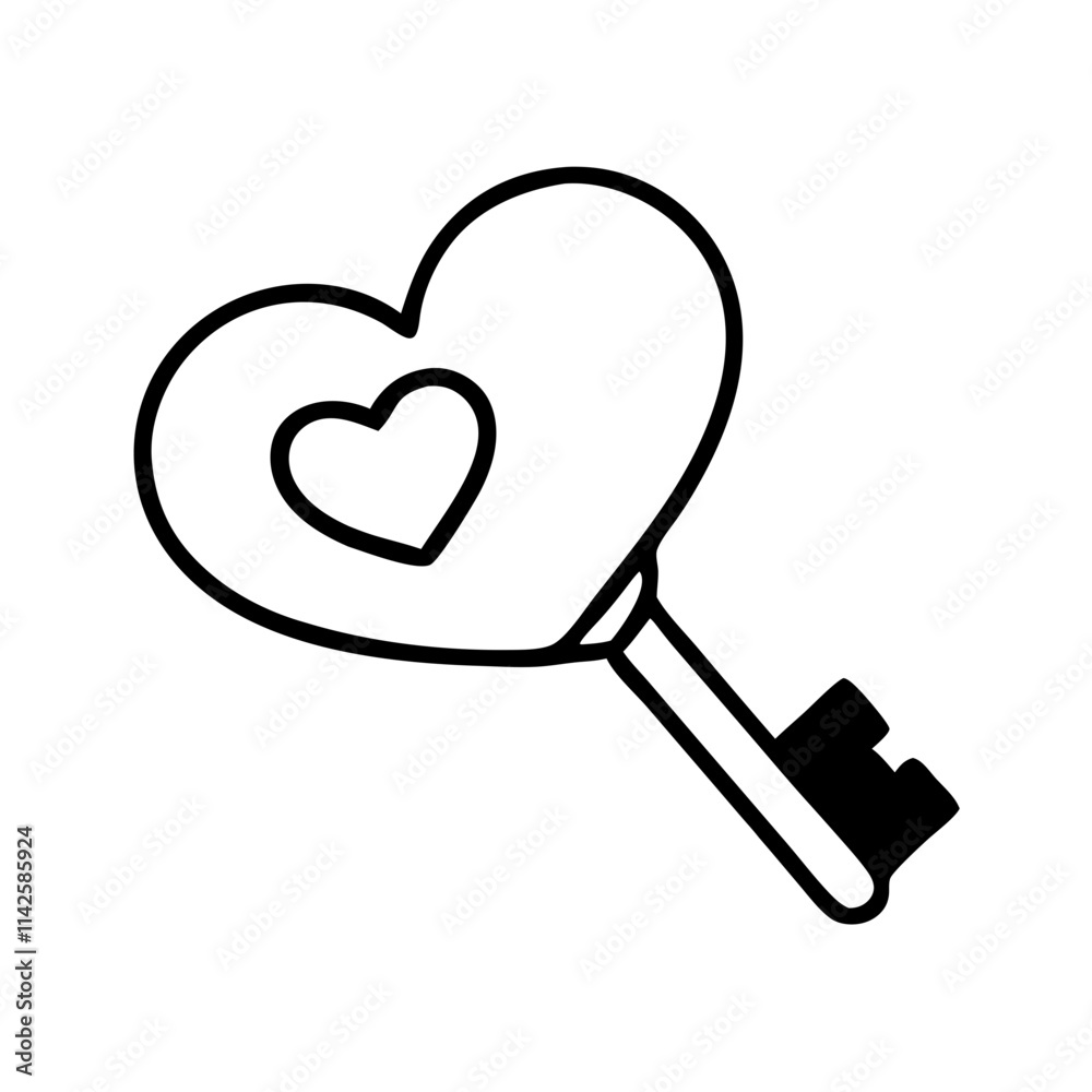Heart-shaped key with a heart detail symbolizing love and access in a playful minimalist style Heart-shaped key with a heart detail symbolizing love and access in a playful minimalist style