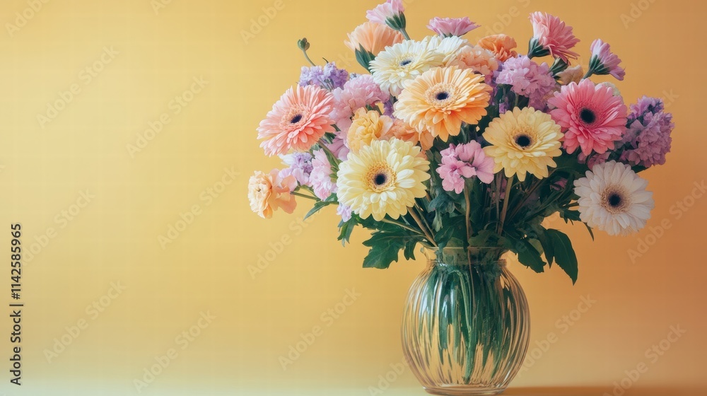 A vase of mixed pastel flowers on a pastel yellow background A vase of mixed pastel flowers on a pastel yellow background