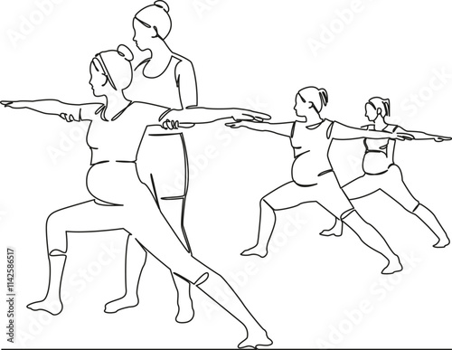 One continuous single drawing line art flat doodle group of pregnant women doing yoga, instructor, trainer helping. Isolated image hand draw contour on a white background, hand drawn, not AI