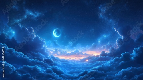 Illustration of beautiful night sky filled with stars and clouds illuminated by the moon photo