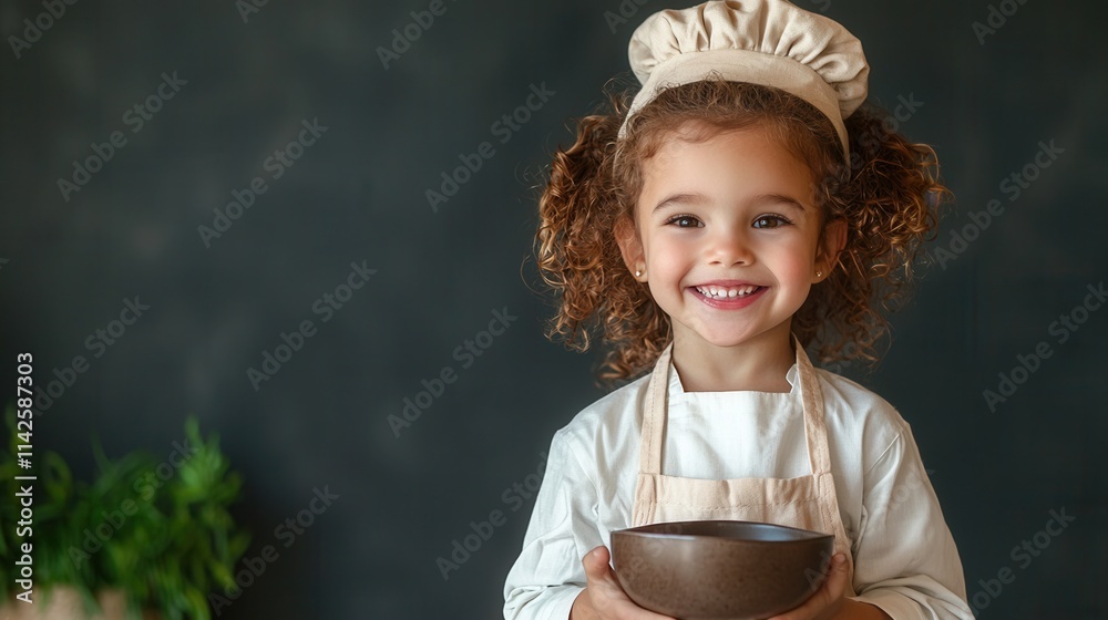 Young child smiling while holding a bowl in a cozy kitchen setting with a playful atmosphere and simple decor Young child smiling while holding a bowl in a cozy kitchen setting with a playful atmosphere and simple decor