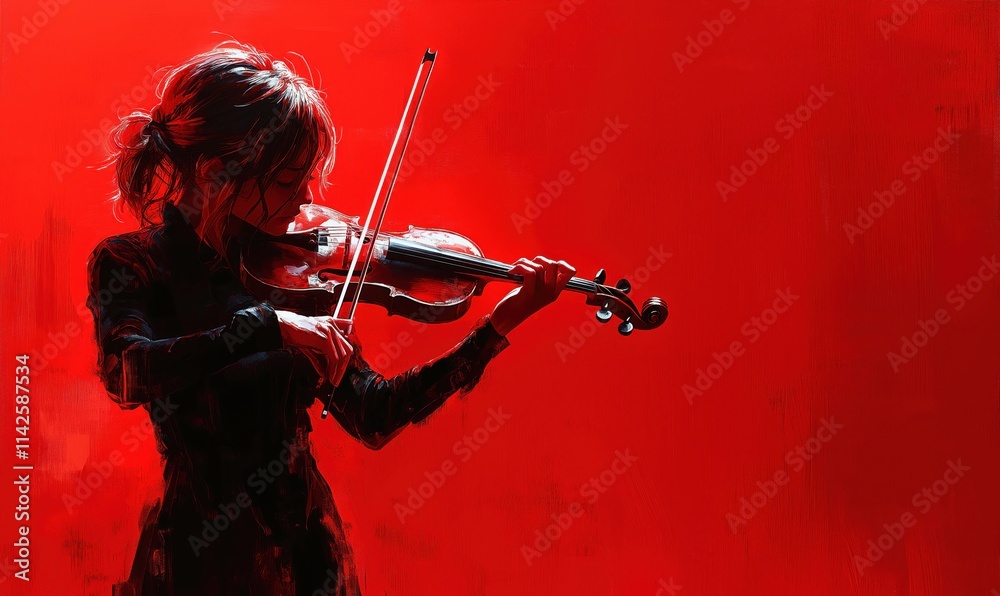 Fototapeta premium Woman playing violin on a red background, abstract painting