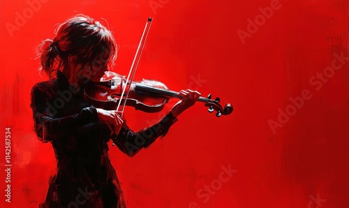 Woman playing violin on a red background, abstract painting photo