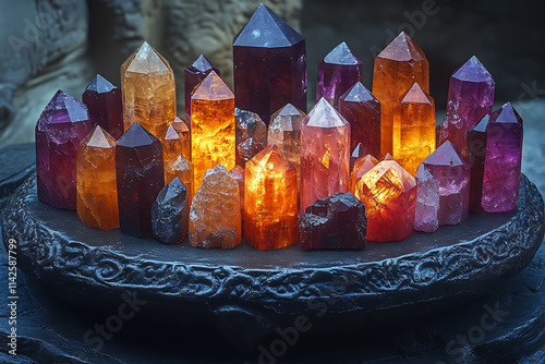 A mystical arrangement of crystals used for divination, displayed on a dark, textured surface. The glowing gemstones radiate energy, symbolizing spiritual insight, intuition, and mysticism.

