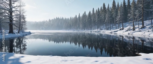 Snowy forest backdrop to a frozen lake on a clear winter day, winter season, icy stillness