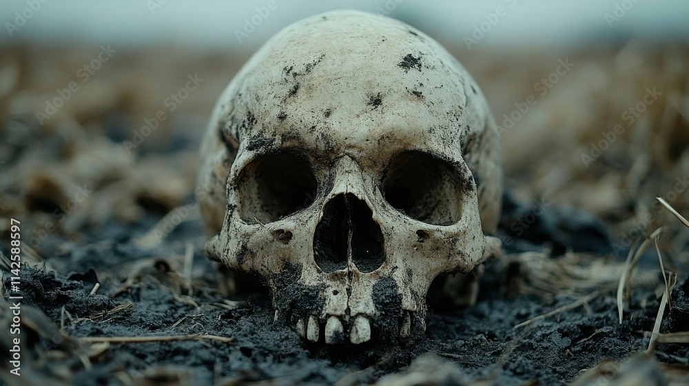 Close-up of a weathered skull resting in barren earth, evoking themes of mortality. Close-up of a weathered skull resting in barren earth, evoking themes of mortality.