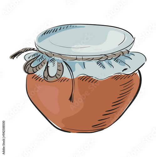 Clay pot or jar with honey covered with cloth or paper. Farm organic product. Container for storing milk, honey, sour cream, butter, jam and dairy product. Hand drawn vector isolated illustration.
