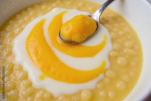 Creamy mango sago dessert with coconut milk and fresh fruit swirl photo