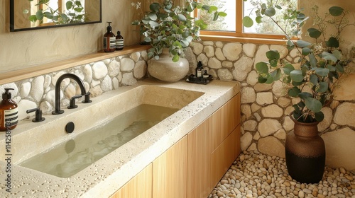 A serene bathroom featuring a stone tub, wooden cabinetry, and greenery, reflecting Japandi design with neutral tones and natural materials. photo