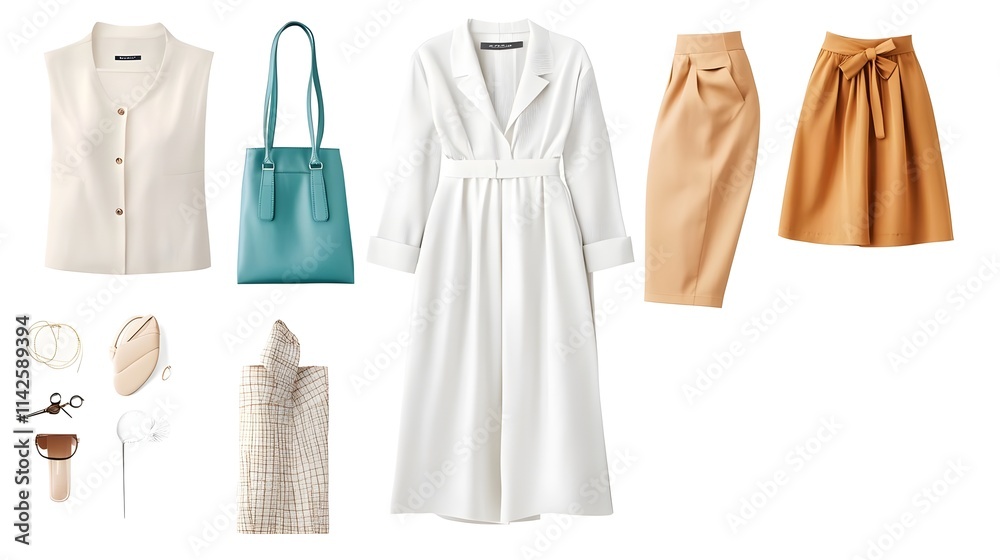 A flat lay of stylish women's outfits with elegant garments and trendy accessories, featuring modern cuts and timeless designs. seasonal fashion pieces suitable for summer or winter. A flat lay of stylish women's outfits with elegant garments and trendy accessories, featuring modern cuts and timeless designs. seasonal fashion pieces suitable for summer or winter.