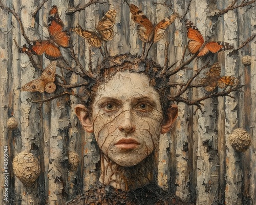 Surreal portrait of a person with a tree-like head adorned with butterflies against a birch forest background. photo