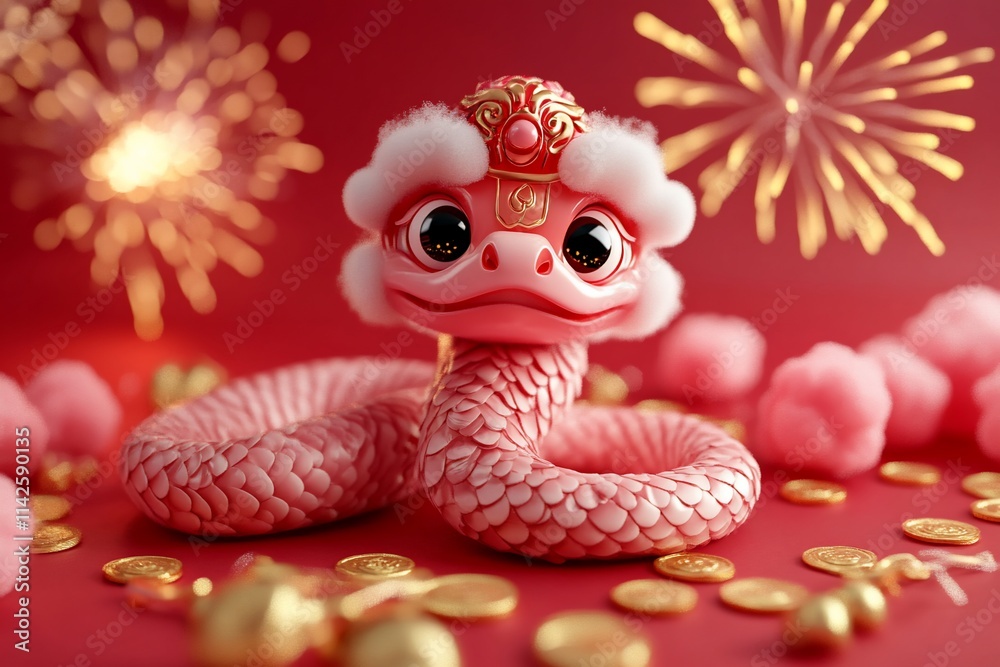 Festive Pink Snake with Lion Dance Hat and Fireworks Festive Pink Snake with Lion Dance Hat and Fireworks