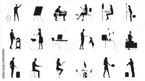 Modern vector icons of casual people performing daily activities and tasks