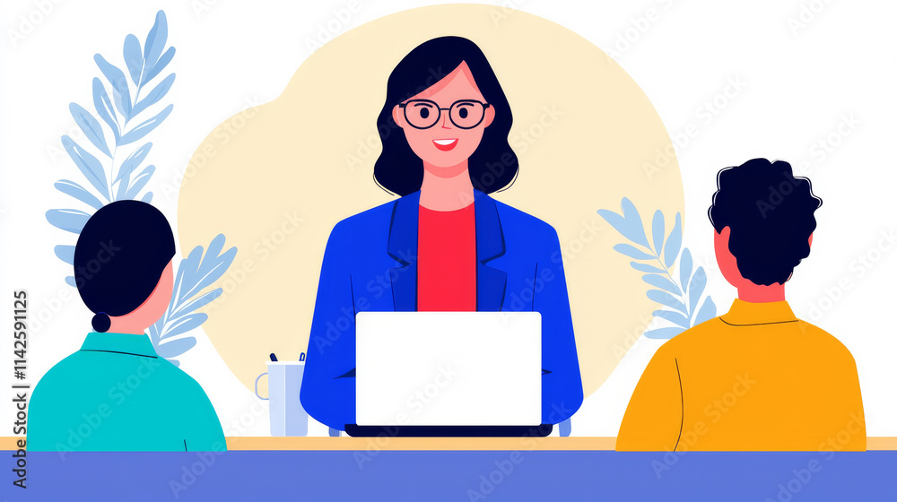 A professional woman engages with two individuals in a modern office setting, emphasizing collaboration and communication. A professional woman engages with two individuals in a modern office setting, emphasizing collaboration and communication.