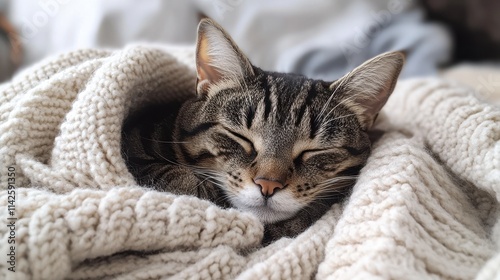Tabby cat curled up in cozy knitted blanket in soft colors