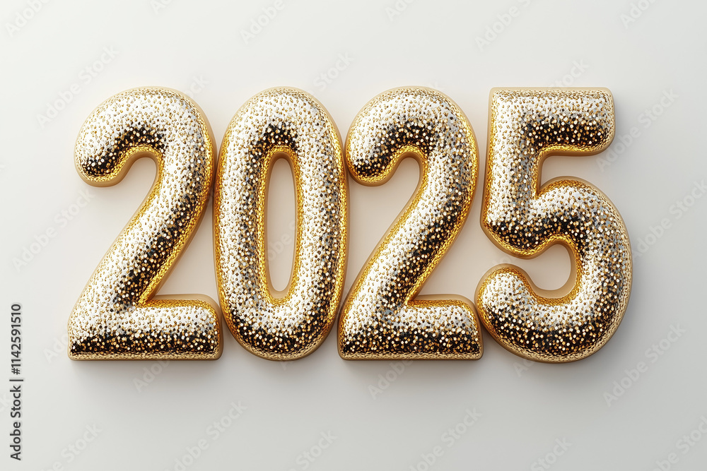 Glittering golden 3D 2025 on a minimal white backdrop, shining with elegance and texture Glittering golden 3D 2025 on a minimal white backdrop, shining with elegance and texture