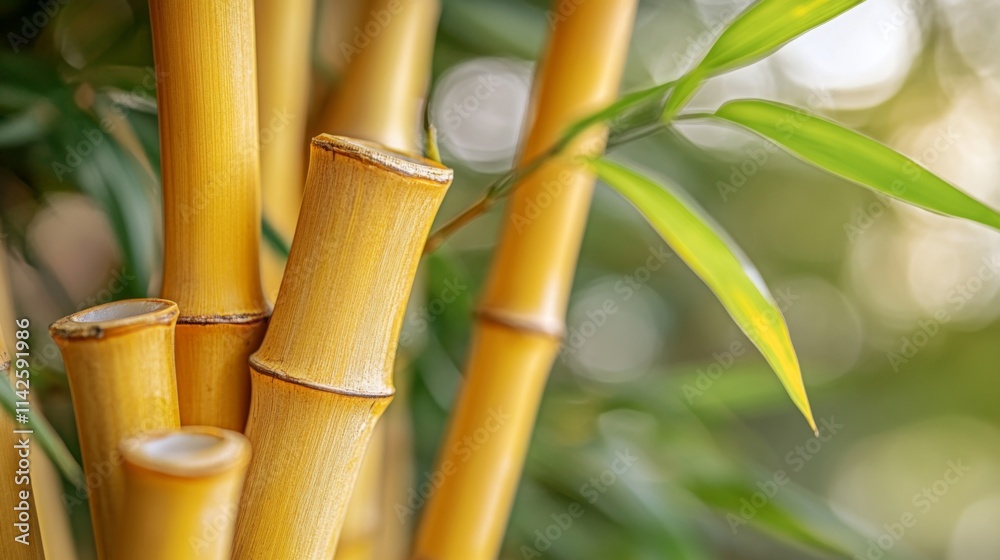 Fototapeta premium Golden Bamboo Stalks and Lush Green Leaves