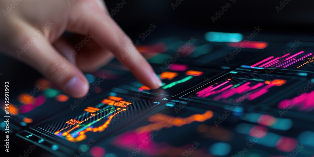Hand Pointing at Financial Data on Digital Screen with Graphs Hand Pointing at Financial Data on Digital Screen with Graphs
