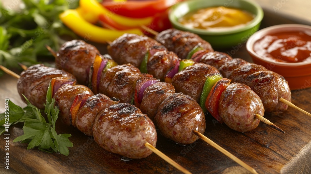 Grilled Skewered Meat with Vegetables on a Rustic Wooden Board
