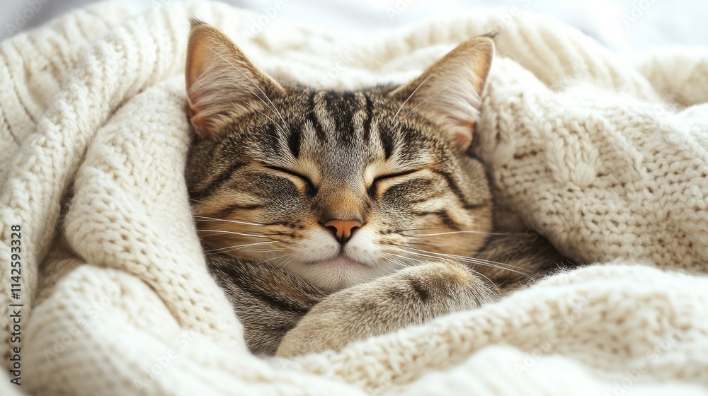 Obraz premium Tabby cat curled up in cozy knitted blanket in soft colors