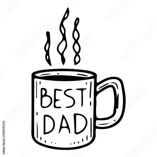 Mug with text best dad hand drawn doodle. Gift for beloved daddy. Father's Day holiday. Cup with hot drink. Ceramic tableware. Celebration. Present, souvenir. Vector line art illustration.