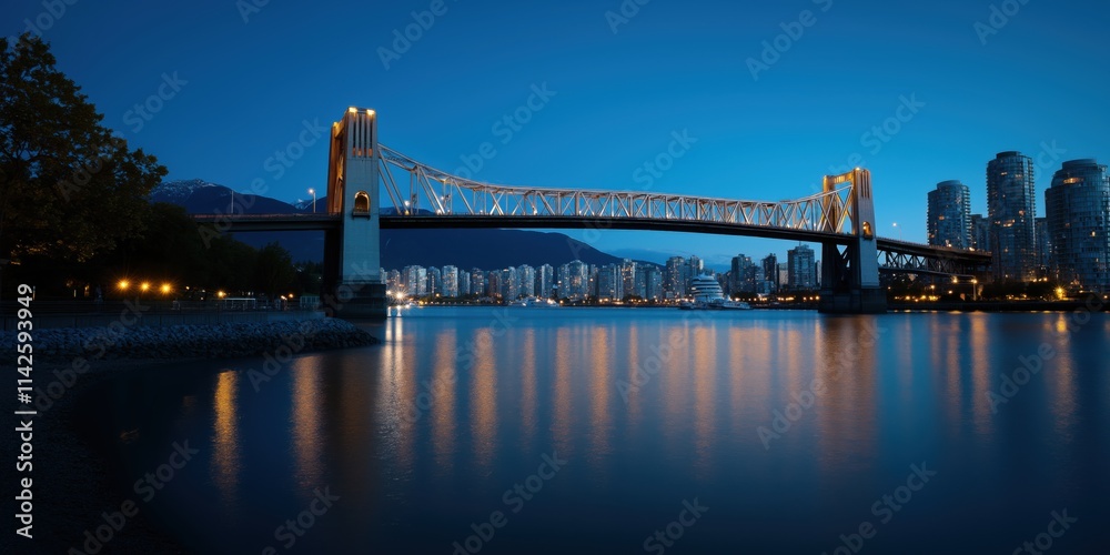 Fototapeta premium An illuminated bridge over the water, connecting a vibrant cityscape at dusk with glowing urban reflections.
