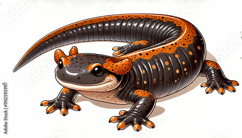 A vibrant illustration of a Chinese giant salamander with orange spots on a sleek black body.