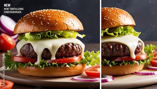 This high-quality image of a gourmet cheeseburger is a visual feast, featuring every detail that makes this burger irresistible. The perfectly toasted sesame-seed bun cradles a succulent beef patty.