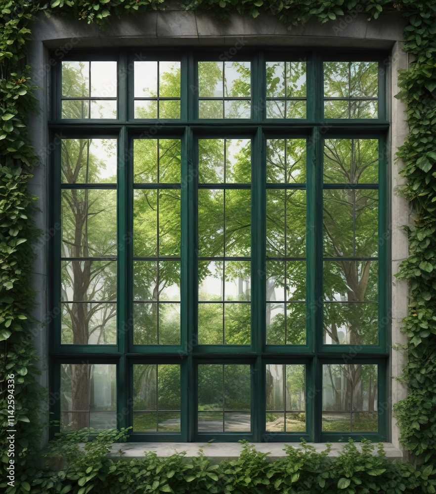 Symmetrical arrangement of windows with green leaves reflecting in glass panes, symmetry, facade, geometric Symmetrical arrangement of windows with green leaves reflecting in glass panes, symmetry, facade, geometric