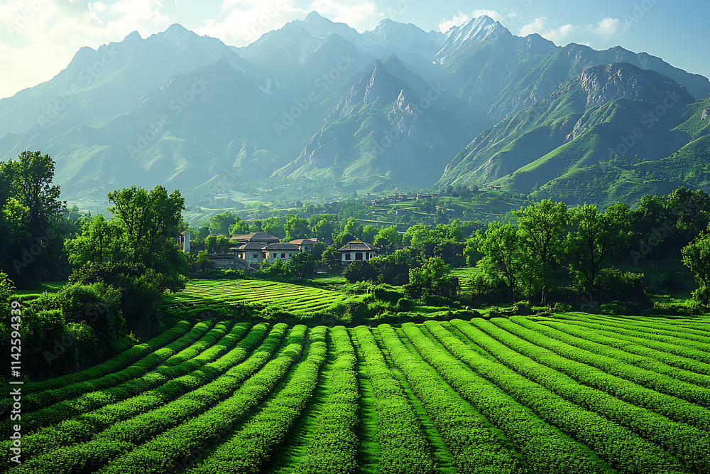 A serene landscape of wide green fields stretching towards majestic mountains in the background. The vibrant greenery contrasts beautifully with the rugged peaks, creating a tranquil and picturesque s A serene landscape of wide green fields stretching towards majestic mountains in the background. The vibrant greenery contrasts beautifully with the rugged peaks, creating a tranquil and picturesque s