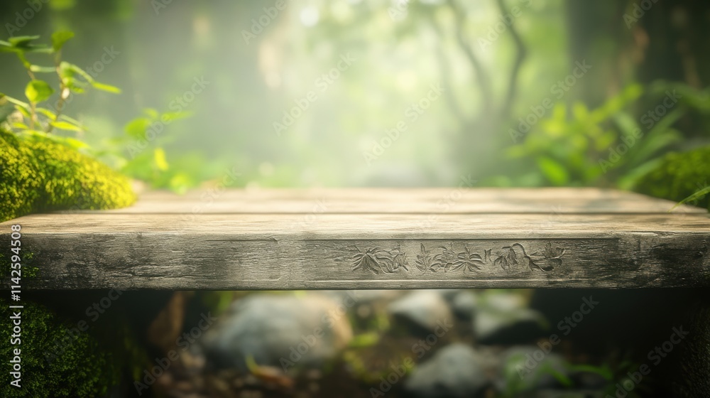 A weathered wooden platform lies amidst lush greenery and soft moss, creating a tranquil forest scene perfect for nature-themed projects or as a backdrop for meditation and relaxation imagery, A weathered wooden platform lies amidst lush greenery and soft moss, creating a tranquil forest scene perfect for nature-themed projects or as a backdrop for meditation and relaxation imagery,