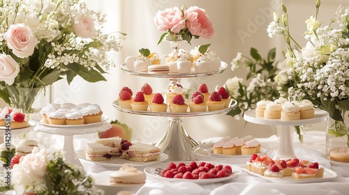 Elegant dessert table with cakes, pastries, macarons, and fresh raspberries, decorated with pink roses and white flowers.