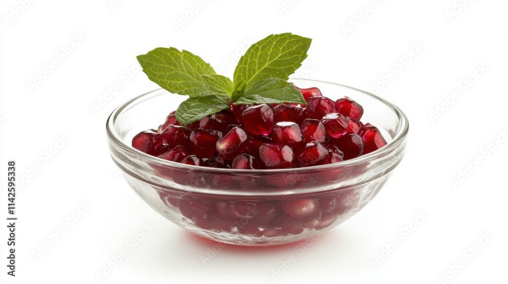 Fresh Pomegranate Seeds in Bowl with Mint Sprig Fresh Pomegranate Seeds in Bowl with Mint Sprig