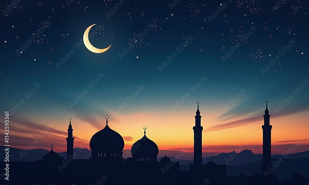 Silhouette of mosque domes and minarets crescent moon Silhouette of mosque domes and minarets crescent moon