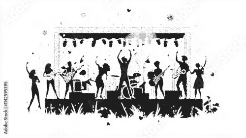 Outdoor music festival illustration with people dancing and musicians performing on stage. Vector ico