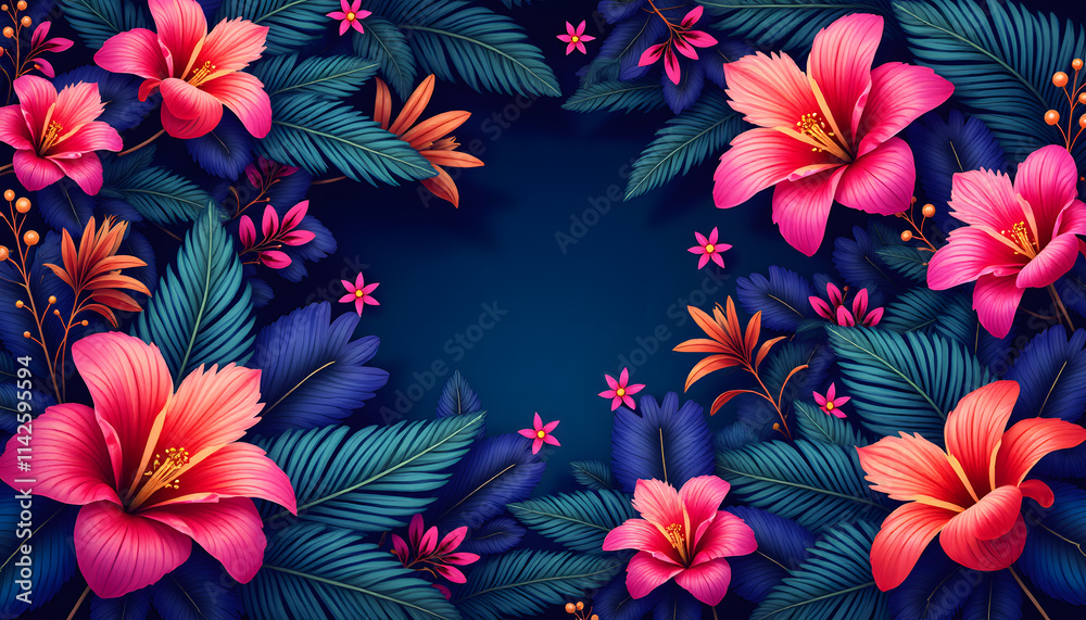 Naklejka premium Tropical Floral Swirls with Neon Highlights