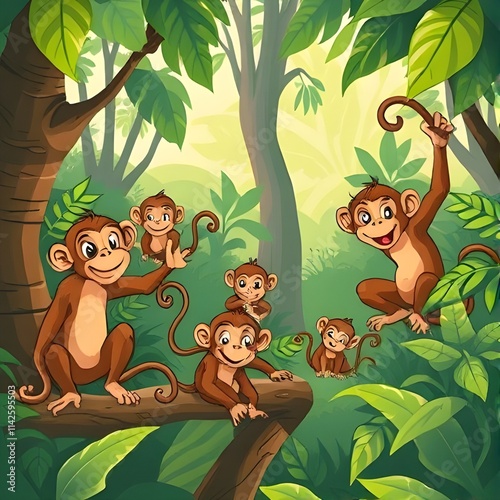 Cartoon Monkey Hanging in Tropical Forest Park 