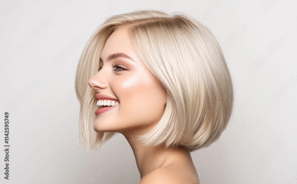 Beautiful blonde woman with a short bob hairstyle smiling on a white background Beautiful blonde woman with a short bob hairstyle smiling on a white background